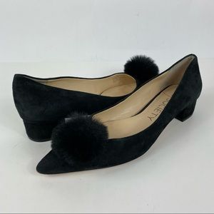 Sole Society So-Mirem Black Suede Low Heel Pom Pom Pumps 9.5 M / 41 Pointed Toe
